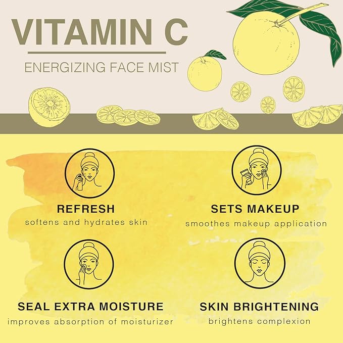 Vitamin-C Face Mist & Setting Spray for All Skin Types - Hyaluronic Acid, Aloe Vera & Rose Water - Skin Brightening, Anti-Aging, Moisturizing, Pore Minimizing - 4 Fl Oz
