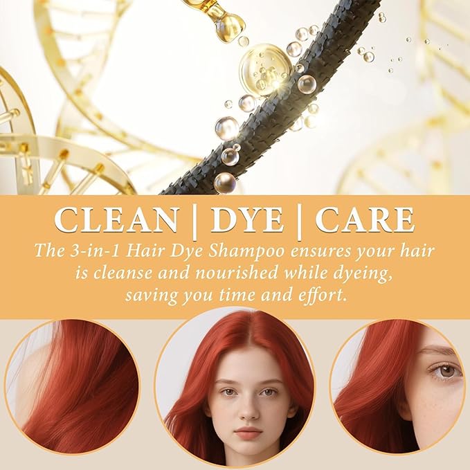 Hair Dye Shampoo, 3 in 1 Gray Hair Coverage, One-Step Wash-In Hair Dye, Shampoos for Color Treated Hair, Semi Permanent Hair Color Shampoo for Women & Men, 13.6 fl. oz, Orange-Red