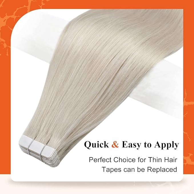 Full Shine Hair Extensions Tape in 22 Inch Color 1000 White Blonde Thick Tape in Extensions Double Sided Skin Weft Remy Human Hair Silky Straight 20 Pcs Invisible Add Length for Women 50Gram