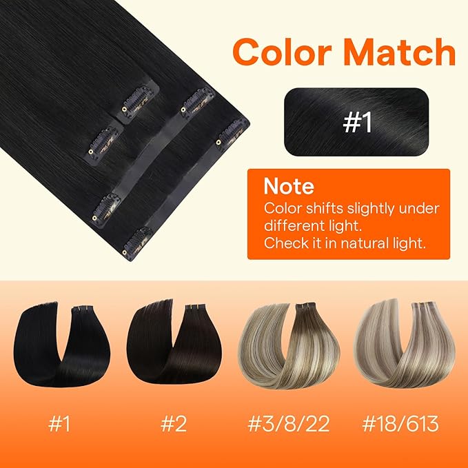 Full Shine Seamless Clip in Hair Extensions Human Hair, Color 2 Jet Black Thinning Hair Extensions Invisible Hair Extensions, Straight Remy Human Hair Fill Ins 16Inch 4PCS 65g
