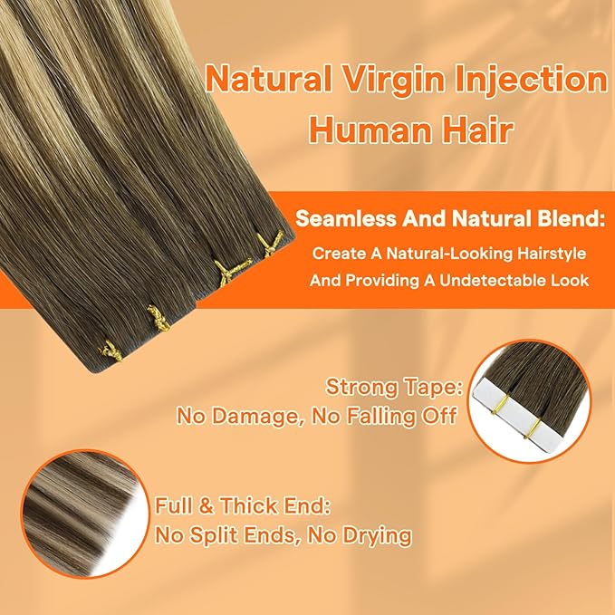 Full Shine Balayage Injection Tape in Virgin Hair Extensions 4 Medium Brown Fading to 27 Honey Blonde and 4 Invisible Seamless Injected Tape in Extensions 20Inch Straight Machine Remy Hair 20G 10Pcs