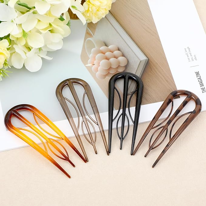 4 Pcs Hairpins Hair for Women Fine Thin Hairs, Large Styling Pins for Thin Thick Hairs, Prestige French Twist Hair Pin, Plastic French Twist Pin with 3 Inner Teeth Design for Women
