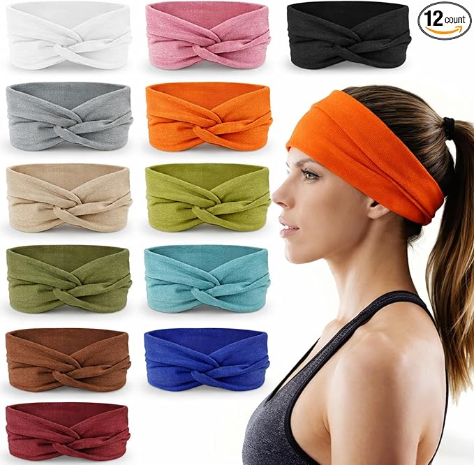 12 Pcs Headbands for Women Wide Sports Sweat Absorb Headbands Thick Sports Stretchy Sweat Bands Non-Slip Hair Bands for Running Yoga Boho Twisted Hair Accessories