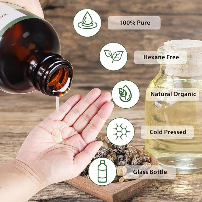 Organic Castor Oil for Lashes Grow, Caster Oils Brow with USDA Certified 100% Pure Natural Glass Bottle, Cold Pressed, Hexane Free. Castor Oil for Hair Growth, Thicker Fuller Brows,8oz