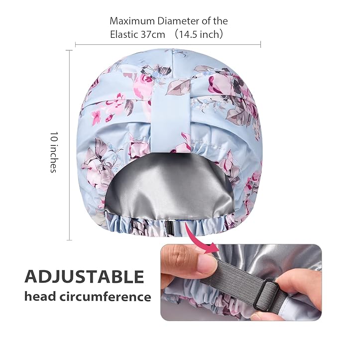 INNELO Luxury Shower Cap for Women Reusable Waterproof, Double Layered Shower Hair Cap with Adjustable Elastic Strap, Large Satin Lined Shower Bath Cap for Long Curly Straight Hair, Blue-Flower