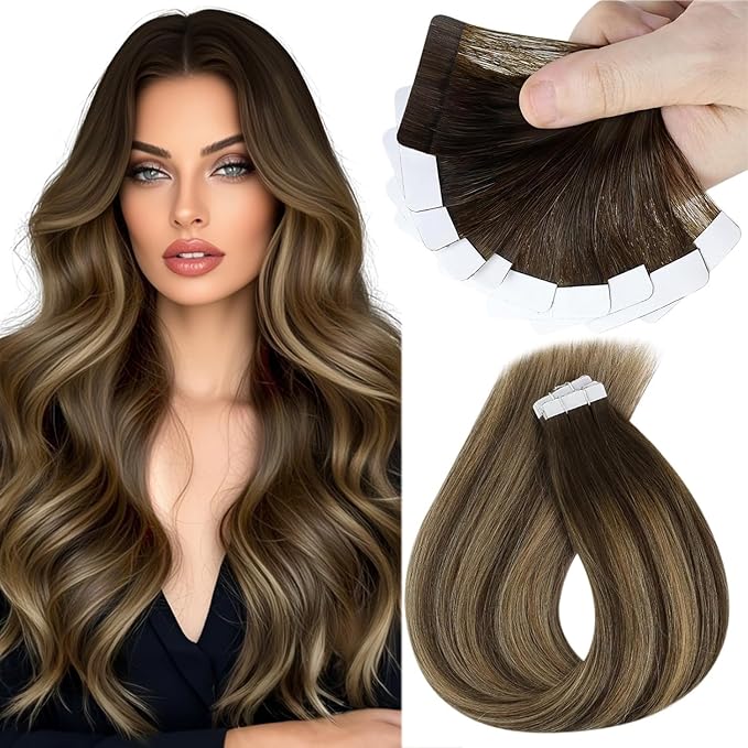 Sunny Hair Tape in Hair Extensions Real Human Hair Invisible Remy Hair Extensions Tape ins for Women Dark Brown Ombre Caramel Blonde Balayage 20 inch 25G