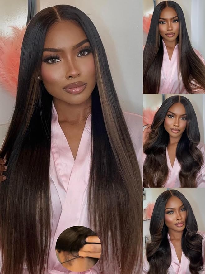 Julia Hair Chestnut Brown Ombre Yaki Straight 7x5 Pre Cut HD Lace Put On and Go Wig Bye Bye Knots Glueless Human Hair Wigs with Invisi Drawstring Pre Plucked Bleached Knots Beginner Friendly 26 Inch