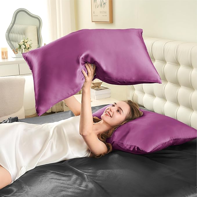 INFIIXSO Silk Pillow Cases 2 Pack Standard Size, Ultra Smooth & Soft Mulberry Silk Pillow Case for Hair and Skin, Breathable Cooling Silk Pillowcase with Hidden Zipper (Purple, 20x26 Inches)