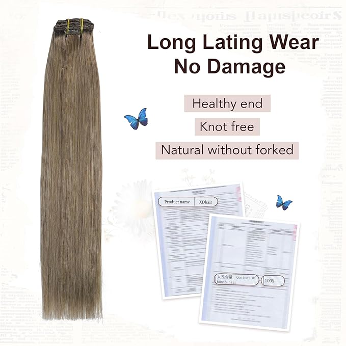 XDhair Clip in Hair Extensions Human Hair,120g 22 Inch Ash Brown Clip in Hair Extensions Straight Remy Hair for Women 6 Pieces (#8,22Inch)