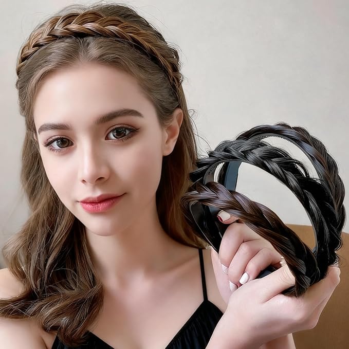 2PC Braided Headband with Tooth – Wide Faux Hair Braid Wig Hairband, Messy Fishbone & Geflochten Haarband Shape – for Women Fashion Accessories for Oktoberfest, Wedding, Parties, Comb Fit(Light Brown)