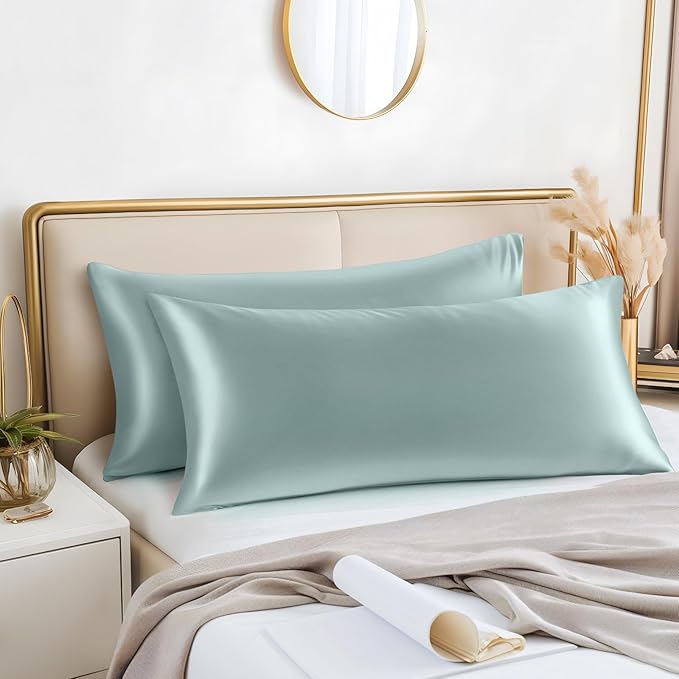 BEDELITE Satin Body Pillow Cover 2 Pack, Super Soft and Cooling Body Pillow Pillowcase for Hair and Skin, Breathable Silky Full Long Pillowcase Cover(20"x54", Haze Blue)