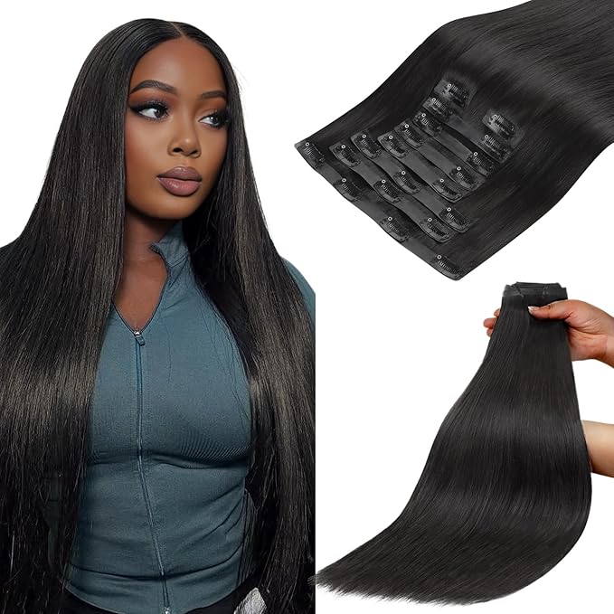 Lashey Seamless Clip in Hair Extensions Human Hair Extensions, 170g 9pcs Straight Natural Black Fuller Real Human Hair Clip in Extensions 18 Inch