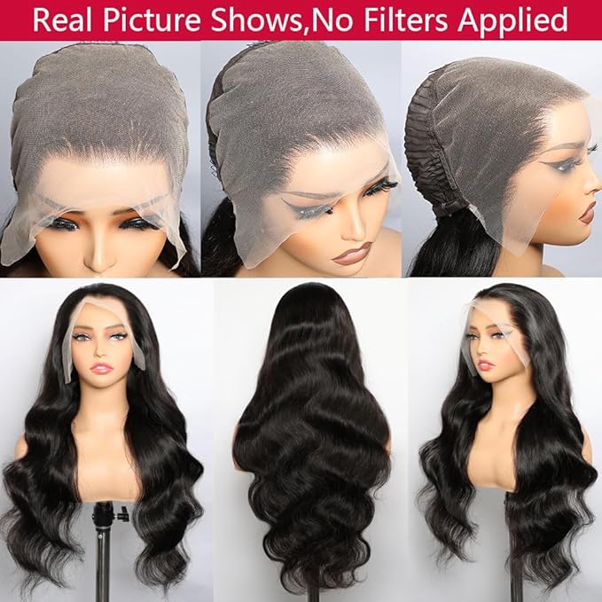 VIPbeauty 28 Inch 13x6 HD Lace Front Wigs Human Hair Pre Plucked Bleached Knots with Baby Hair 180 Density Body Wave Full Lace Frontal Wigs Human Hair Wigs for Black Women Natural Color