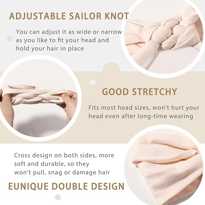 Vercret Headbands for Women Wide Sailor Knot Braided Headband Adjustable Hair Bands Non Slip for Girls Boho Stretchy Turban Headwrap Yoga Workout, Solid Color, 6Pcs