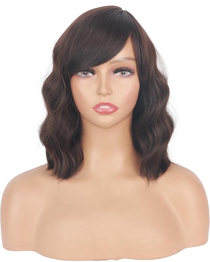 Short Brown Wavy Wigs With Bangs For Women Synthetic Heat Resistant Brown Wigs For Daily Use