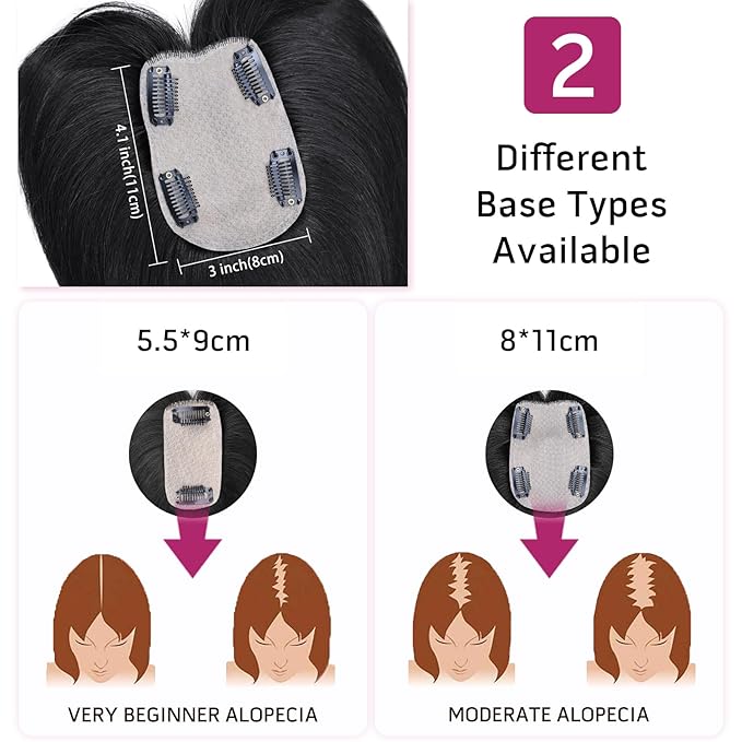 VERNA Real Human Hair Topper, 10 Inch 100％ Human Hair Toppers for Women with Thinning Hair, Large area Coverage Natural Black Hairpiece Wiglet for Daily Wear(8 * 11)