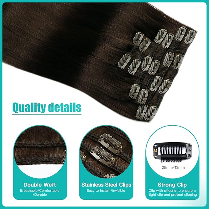 SURNEL Clip in Hair Extensions Real Human Hair 6pcs 18inch 120g Dark Brown Clip in Hair Extensions (#2,18'')
