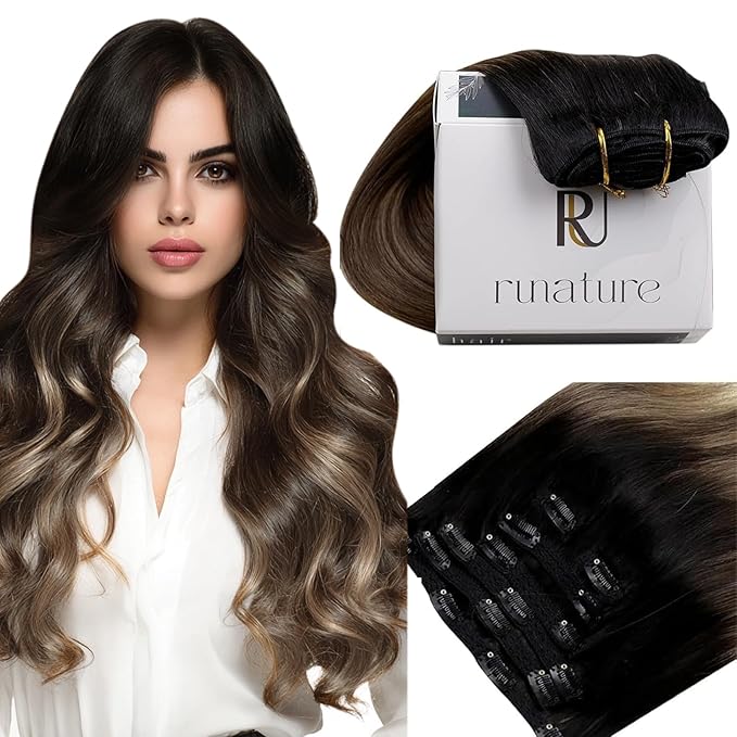 RUNATURE Real Human Hair Clip in Extensions, Balayage Clip in Hair Extensions 22 Inch, Long Hair Extensions Clip Ins, Remy Natural Hair, 120g 7pcs #1B/6/27 Black Rooted to Brown Highlight Blonde