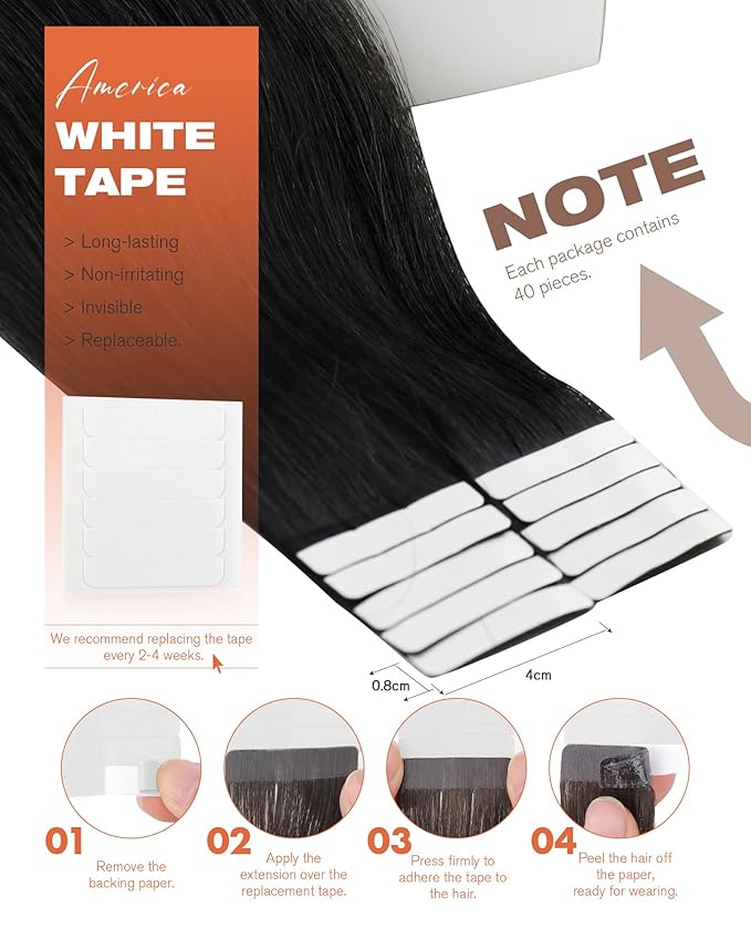 Sunny Hair Tape in Hair Extensions Human Hair 14inch Hair Extensions Real Human Hair Tape in Extensions for Women Jet Black Invisible Remy Hair Natural Straight Skin Weft Double Sided Tape 40pcs 100g