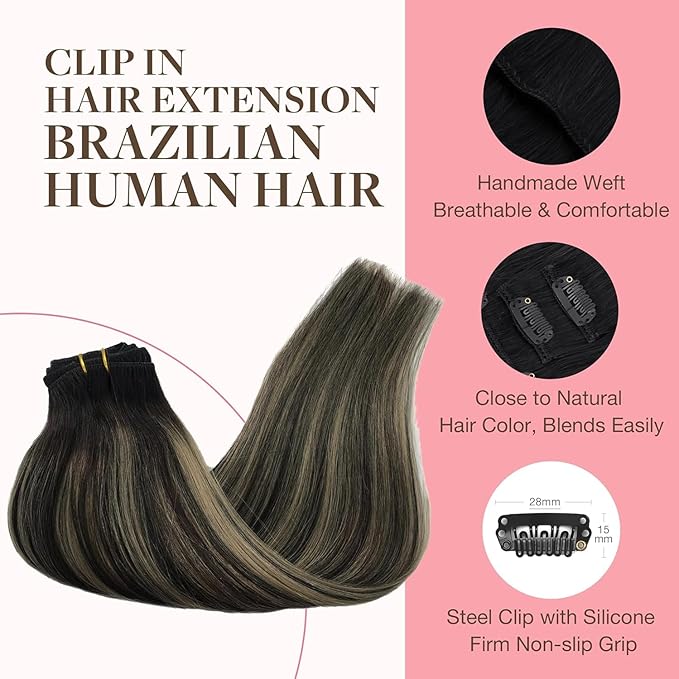 GOO GOO Clip in Hair Extensions Real Human Hair, Remy Human Hair Extensions Clip ins for Women, Natural Human Hair, 22 Inch 170g 7Pcs, 1B/16/1B Balayage Natural Black to Light Blonde