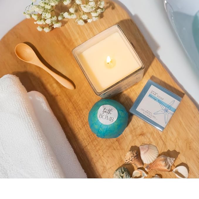 Self Care Gifts for Women. 15pc Gift Box Filled with Ocean Themed Beach Lover Gifts for Her. Thinking of You, Surgery Wellness Kit, Get Well Soon Basket, Birthday Package for Woman