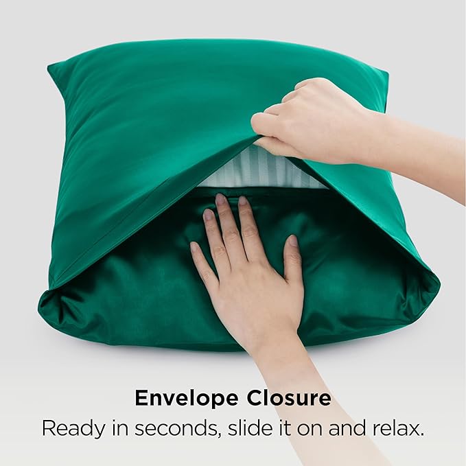 Bedsure Satin Pillowcase 2 Pack Similar to Silk Pillow Cases Standard Size, Pillow Case with Envelope Closure,Green Home Decor Gifts for Women Men, Dark Green, 20x26 Inches, 2pcs