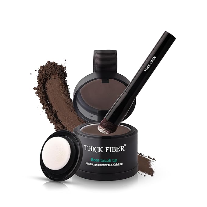 Thick Fiber Root Touch Up Powder, Medium Brown - Water & Sweat Resistant Hair Loss Concealer Set with Brush for Thin Hairlines and Gray Root Coverage