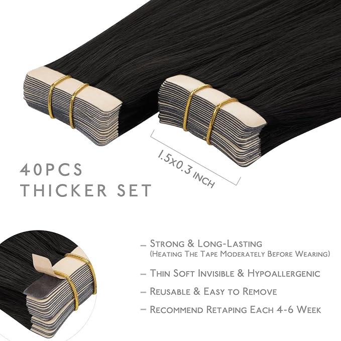 WENNALIFE 40pcs Tape-in Hair Extensions, 80g, 12 inch Natural Black, Real Human Hair, Straight, Invisible, Reusable