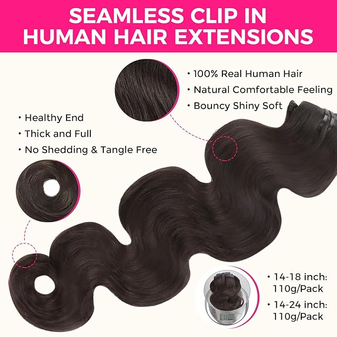 Lashey Seamless Clip in Hair Extensions Human Hair #2 Dark Brown Body Wave Clip in Hair Extensions Real Human Hair 7pcs 110g 20 Inch PU Weft for Women