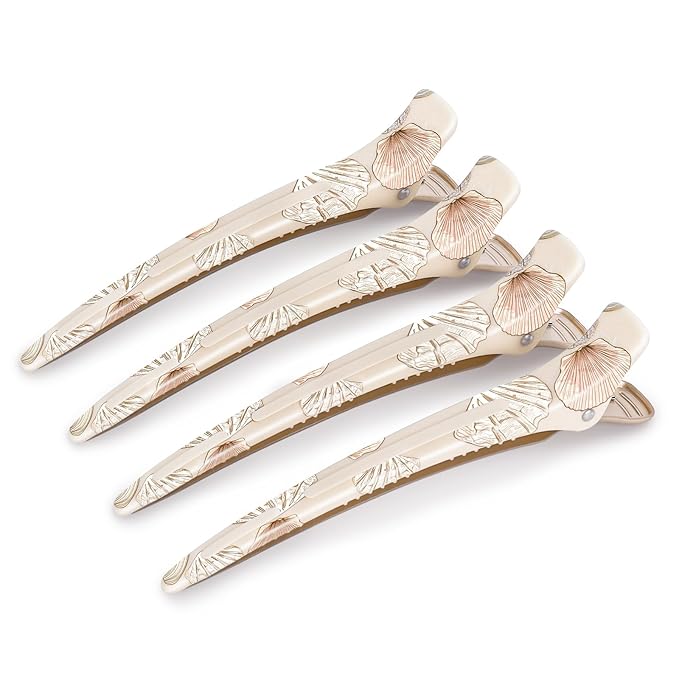 AIMIKE 4.8" Shell Pattern Clips for Styling – Built-In Silicone Band Duckbill Hair Clips, No-Crease Non-Slip Sectioning Clips for Thick, Curly Hair, Ideal for Makeup, Hairstyling & Rollers, 4-Pack