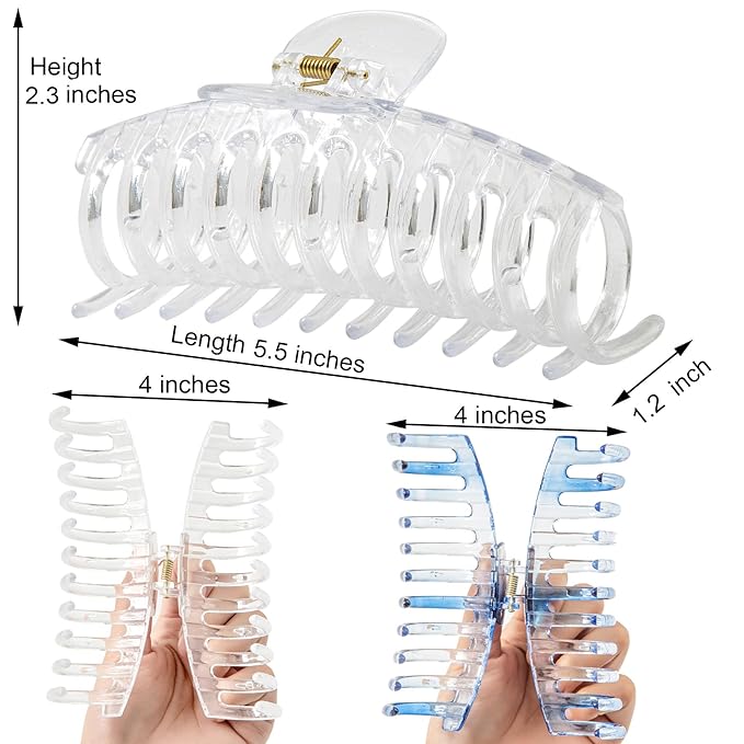 5.5 Inches Extra Large Hair Clips for Long Thick Hair Women’s Jumbo Hair Claw Clips 2 Counts in Set Hair Accessories(transparent and ocean blue)