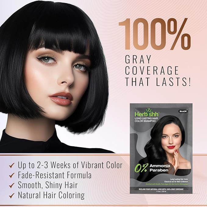 Herbishh Travel Pack Hair Dye Color Shampoo in Sachet + 1pc Argan Hair Mask Sachet (Black, 1 sachet)
