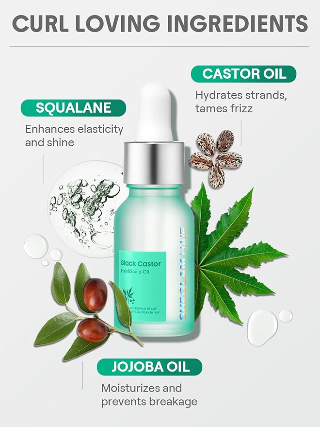 SHEGLAM Hair & Scalp Oil - 0.5 fl oz, Hydrating Serum, Macadamia & Grapeseed Oils, Soothes Dry Scalp, Balances Sebum, Adds Shine, For Sensitive Scalp & Dandruff (Black Castor)