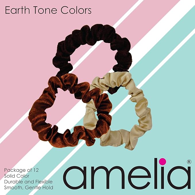 Amelia Beauty, Earth Tones Satin Small Scrunchies, 12-Pack – No Damage Hair Ties for Women, Gentle & Durable Hair Accessories, 2.5in x 0.5in