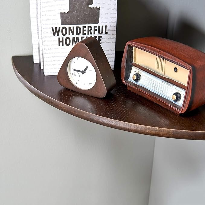 Corner Shelf,14inch Walnut Solid Wood Floating Corner Shelves Wall Mount Round End Floating Speaker Rack with Wire Hole for Small Plant for Bedroom Kitchen, Living Room