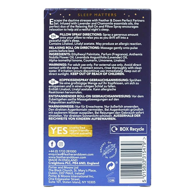 Feather & Down Sweet Dream Perfect Partners Gift Set: 50ml Pillow Spray & 10ml Roll-On, With Calming Lavender & Chamomile Essential Oils, Vegan & Cruelty Free