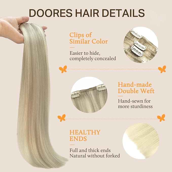 DOORES Hair Extensions, Ash Blonde Highlighted Platinum Blonde 150g 9pcs 20 Inch Remy Human Hair Extensions Straight Natural Clip in Extensions