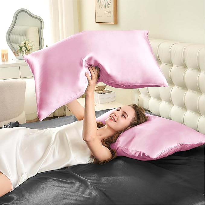 INFIIXSO Silk Pillow Cases 2 Pack Standard Size, Ultra Smooth & Soft Mulberry Silk Pillow Case for Hair and Skin, Breathable Cooling Silk Pillowcase with Hidden Zipper (Pink, 20x26 Inches)
