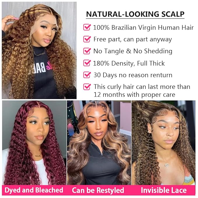 bangjazz 30 Inch Deep Wave Lace Front Wigs Human Hair 180% Density Highlight Ombre 13x4 Lace Frontal Wigs Human Hair HD Lace P4/27 Wigs for Black Women Human Hair Pre Plucked Curly Lace Front Wig