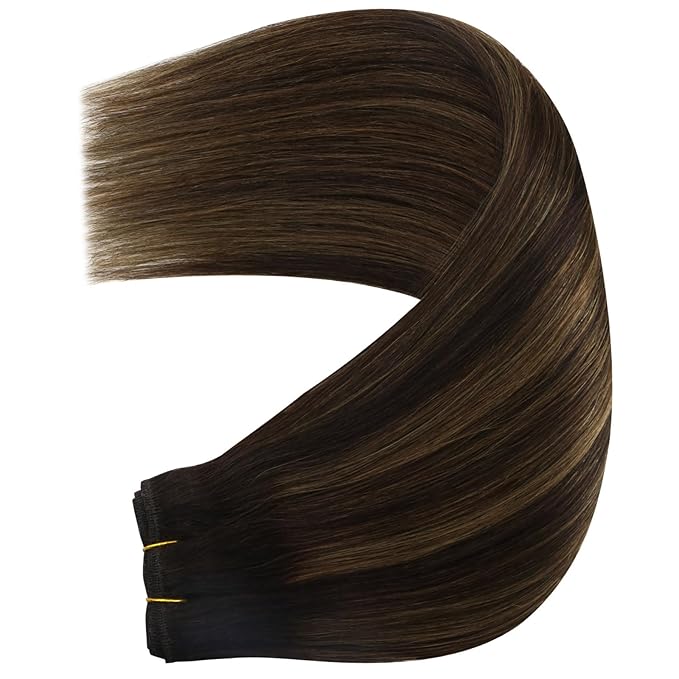YoungSee Weft Hair Extensions Brown Balayage Straight Weft Hair Extensions Human Hair Ombre Sew in Extensions Dark Roots to Medium Brown Highlights Remy Hair 20Inch 100G