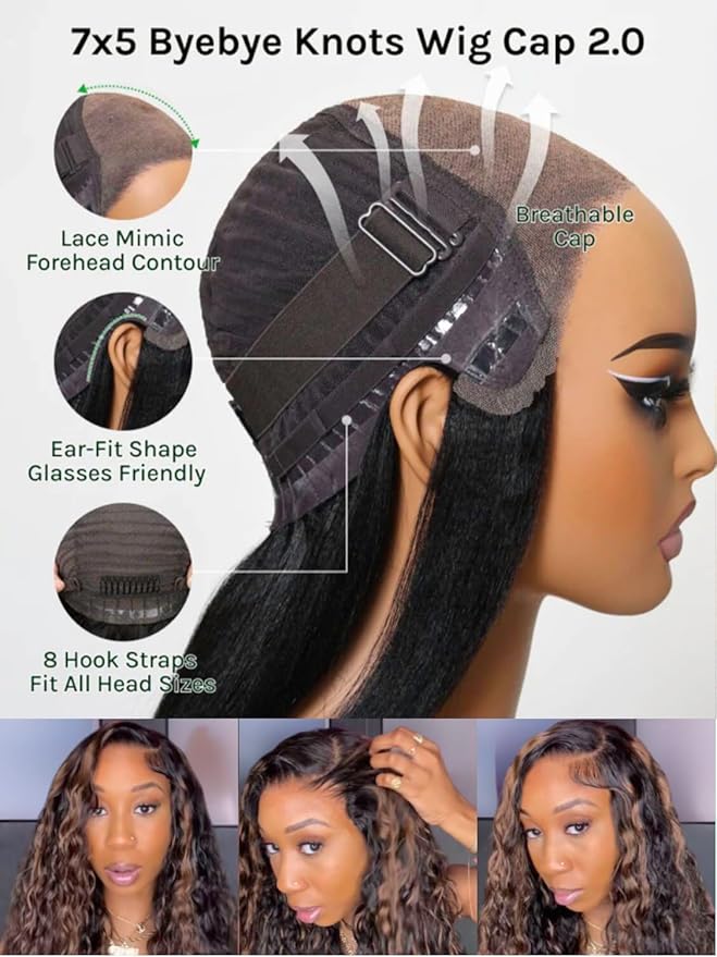 KLAIYI Golden Brown Water Wave Bye Bye Knots Glueless Wig Human Hair Highlight 7x5 Precut Lace Front Pre Plucked Bleached Ombre 3S Ready to Wear Go Beginners Wig with Dark Roots Deep Curly Wave 18Inch