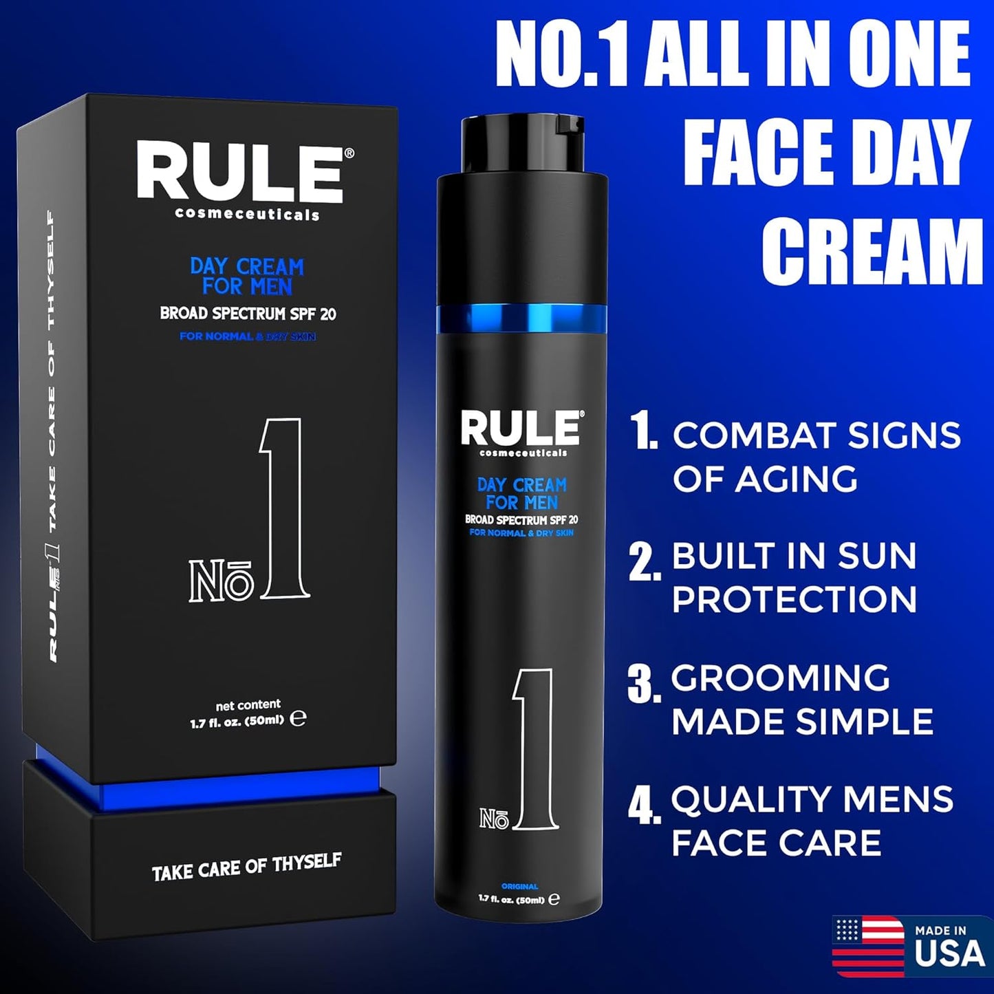 No.1 Day Cream for Men, 10-in-1 Anti-Aging Face Moisturizer to Reduce Wrinkles & Dryness, SPF 20, Collagen, Vitamins B, C & E - Normal & Dry Skin - Original, 50 mL