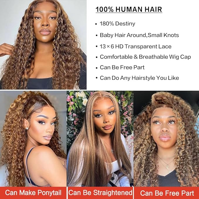Highlight Ombre 13x6 Lace Front Wig Human Hair Deep Wave Honey Blonde Glueless HD Transparent Lace Frontal Wigs for Women 180 Density Human Hair (highlight ombre deep wave, 32 inch)