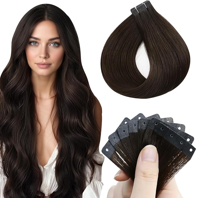 Full Shine Tape in Hair Extensions Human Hair Color 2 Dark Brown 30G Tape Extensions Remy Hair 20Pcs 12Inch Invisible Tape in Extensions No Clips for Daily Wear Seamless Glueless Straight Party