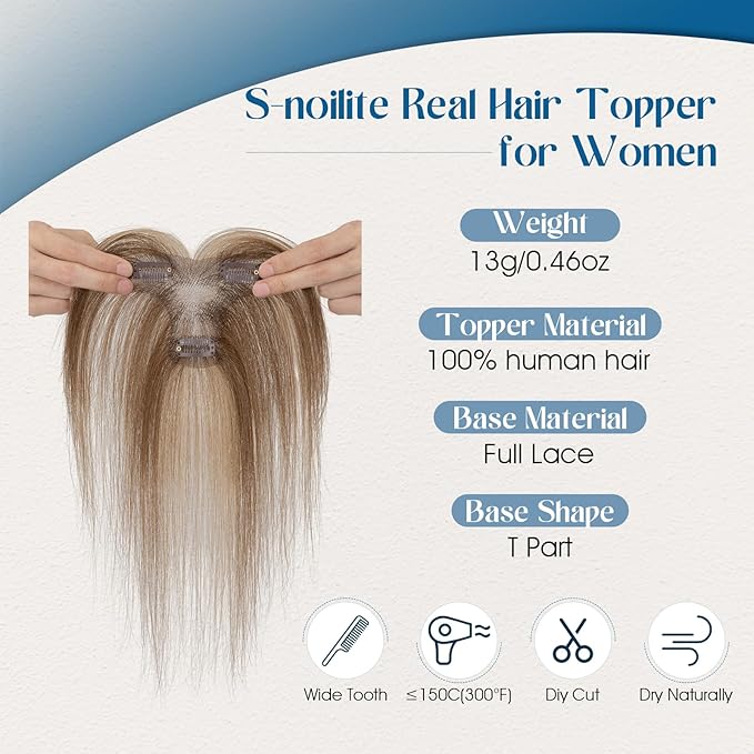Hair Topper Human Hair Curtain Air Bangs Topper for Women, T-part Lace Base Real Human Hair Topper Hair Piece for Daily Wear(Air Bangs,Medium Brown & Dark Blonde)