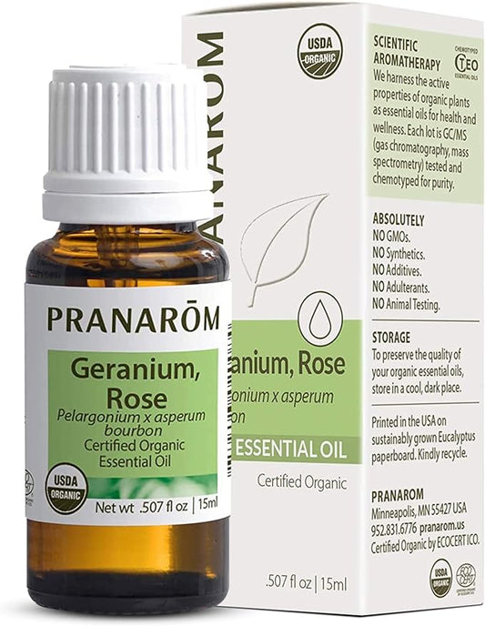 Pranarom USDA Certified Organic Rose Geranium Essential Oil (15ml), 100% Pure Undiluted Therapeutic Grade from Madagascar for Aromatherapy, Diffuser, Skincare, Relaxation, Pure Rose Scent