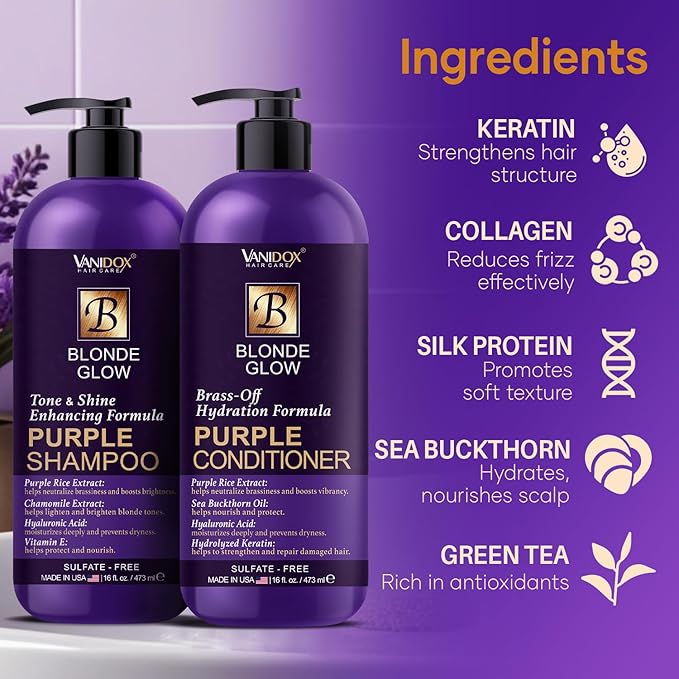 Sulfate Free Brass Toning Purple Shampoo and Conditioner Set for Blondes, Brown Highlighted, or Bleached Hair, Shampoo for Blondes Infused with Purple Rice Extract (16 fl oz each)
