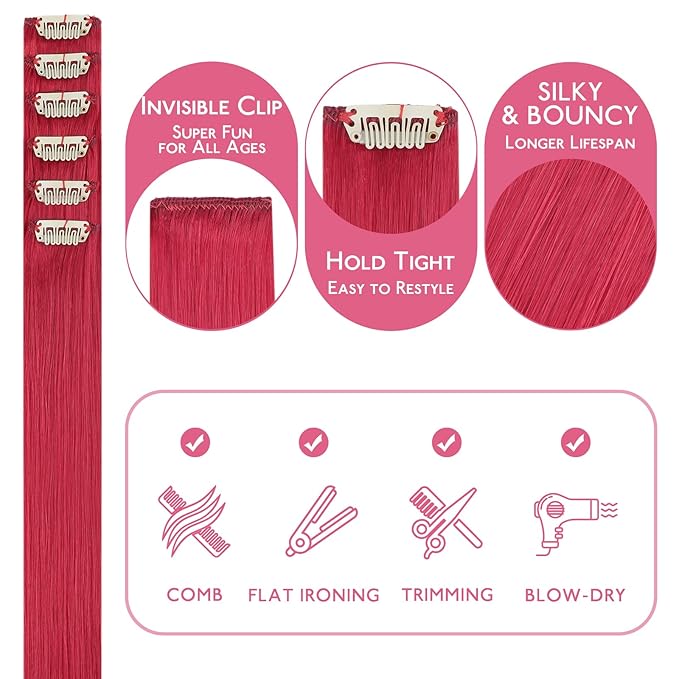 WENNALIFE Red Clip in Hair Extensions Real Human Hair 35g 6pcs 16 Inch Colored Hair Extensions for Kids Women Colorful Hair Pieces Pop-up Style Straight Extensiones De Cabello Humano Con Clip