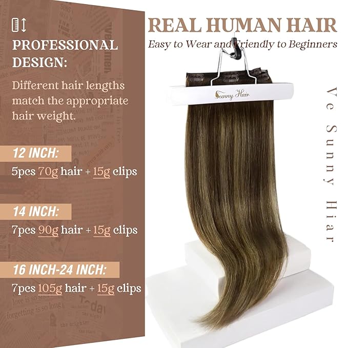 Ve Sunny Human Hair Clip in Extensions Brown Balayage Clip in Hair Extensions Ombre Dark Brown to Caramel Blonde Hair Extensions Real Human Hair Clip in 7pcs 20inch 120g