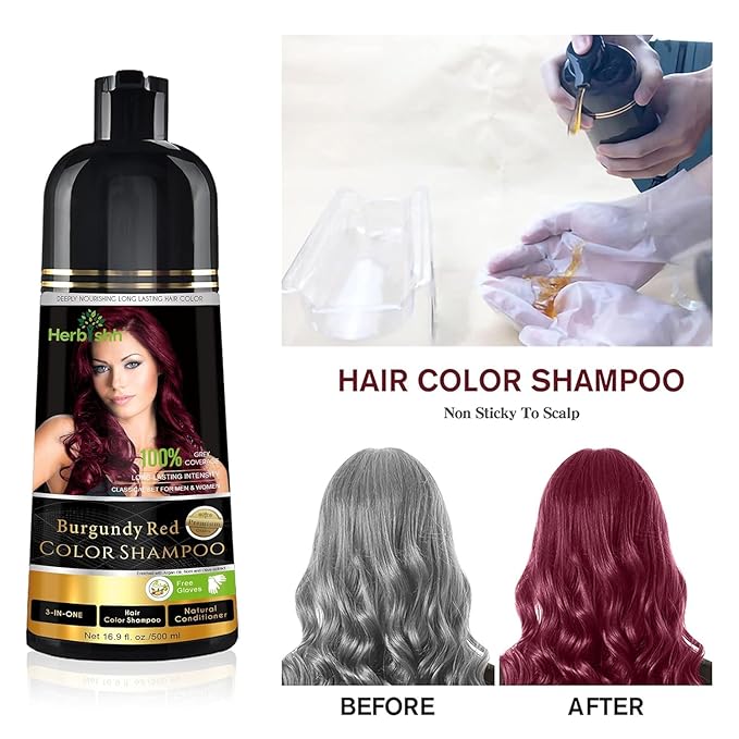 Herbishh Burgundy 3 in 1 Hair Dye Shampoo Keratin & Argan Oil Hair Mask for Dry Damaged Hair 800 ML